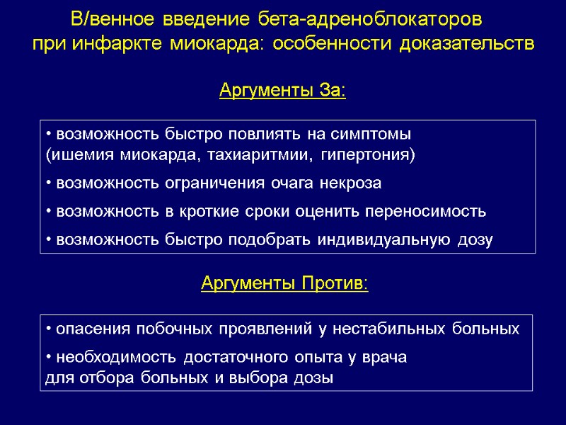 В/венное введение бета-адреноблокаторов   при инфаркте миокарда: особенности доказательств Аргументы За: Аргументы Против: